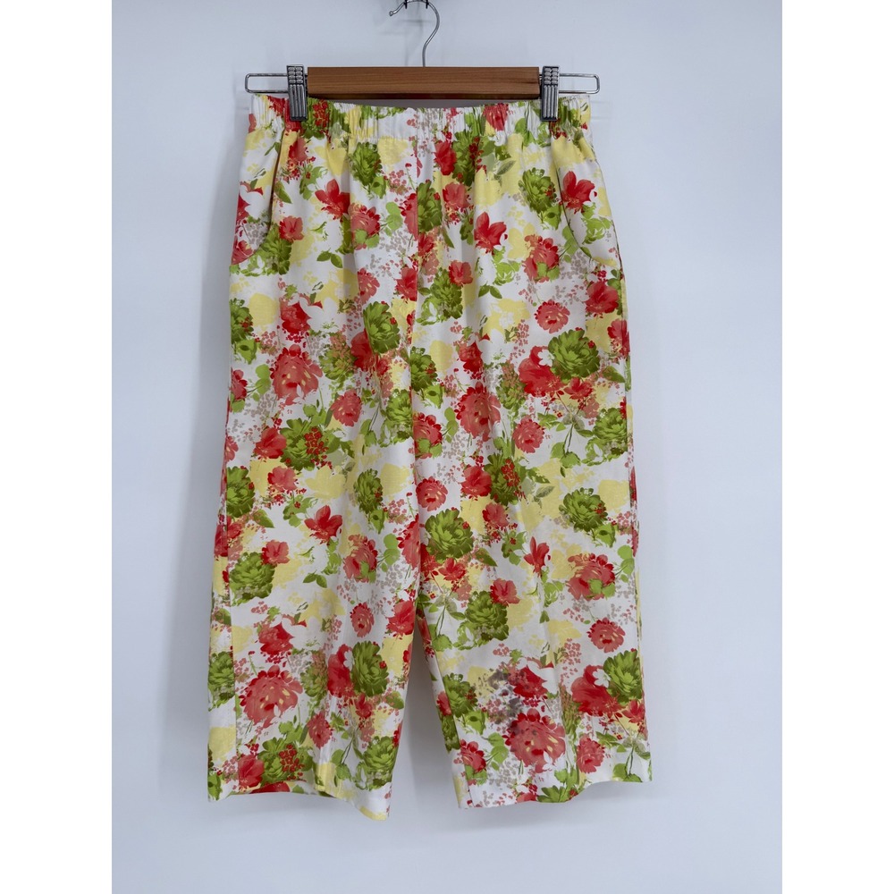 Alia Womens Floral Cropped Pants Red Green Yellow Elastic Waist Sz 8 Wide Leg